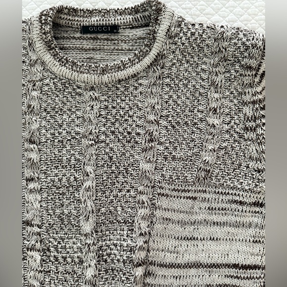 Vintage Gucci Women's Cable Knit Sweater in Chocolate and White Size M